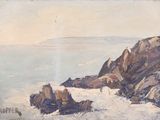 an image of a painting of a rocky coast with a lighthouse in the distance