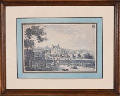 une vieille photo représentant un tableau d'une ville avec une rivière au premier plan