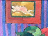a painting of a dog laying on a bed next to a hat