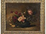 an oil painting of flowers in a vase on a table
