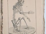 an old book with a drawing of a skeleton sitting on top of a table