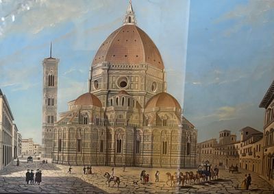 une photo d'un tableau représentant un grand bâtiment avec une tour horloge en arrière-plan