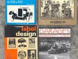 trois livres posés sur une table, avec une photo d'une voiture et d'autres objets