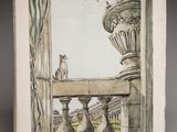 a picture of a picture of a cat sitting on a balcony