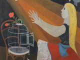 une image représentant un tableau où l'on voit une femme tenant une cage à oiseaux à la main