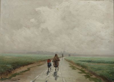 a painting of two people riding horses down a road