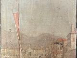 painting of boats in a harbor with buildings in the background