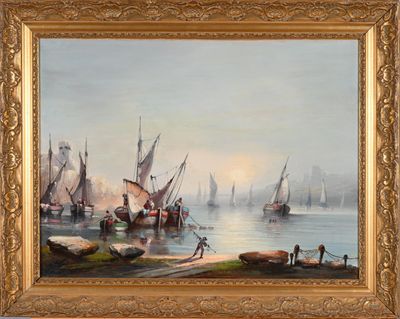 oil painting of boats in a harbor with people on the shore