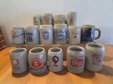 a lot of beer mugs sitting on a table