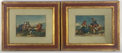 two framed paintings of a couple of people riding horses