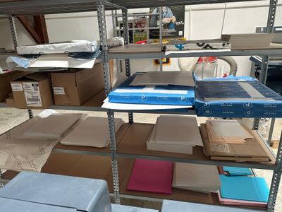 many boxes and boxes on the shelves in the room