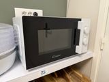 a microwave that is on a shelf in a kitchen