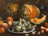 a painting of a plate of fruit and vegetables on a table
