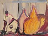 un tableau représentant deux vases et une guitare sur une table