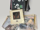 a lot of records on a table with a white background