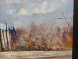 an oil painting of a church in a field with trees in the background