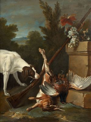 tableau représentant un chien blanc et un chien marron tenant un oiseau dans la gueule