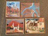 quatre tableaux représentant une femme et un homme à cheval devant une maison