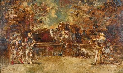 une peinture à l'huile représentant un groupe de personnes rassemblées autour d'une calèche