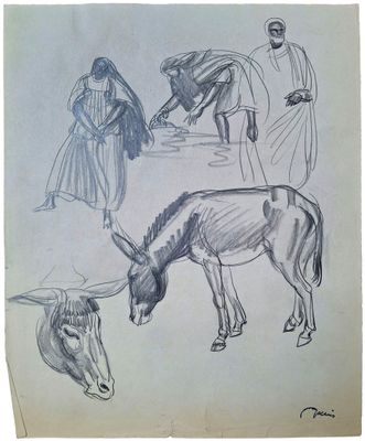 des croquis représentant un âne, un homme en robe et une femme en robe