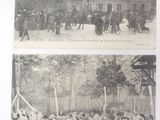 two old black and white photos of people and horses in front of a building