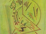 a painting of a clock on a yellow background with red and green lines