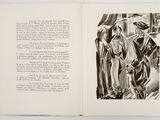 an open book with a drawing of a man and a woman standing next to each other