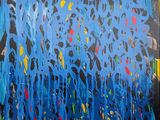 an abstract painting of blue and yellow paint on a black background