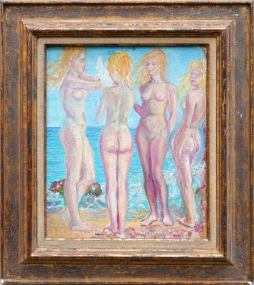 an oil painting of three nudes on a beach by the ocean