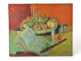 une peinture à l'huile représentant un bol de fruits et un couteau posés sur une table