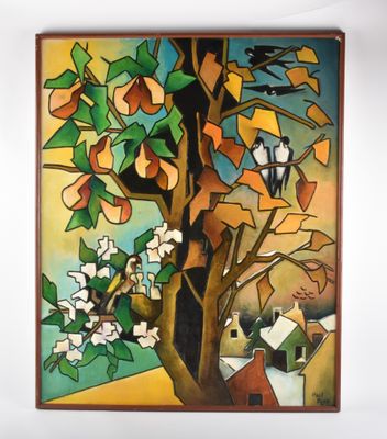 peinture représentant une peinture d'un arbre sur lequel est perché un oiseau