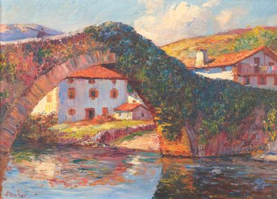 an oil painting of a bridge over a river with houses in the background