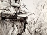 drawing of a woman sitting on a table with a book in her lap