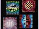 four squares of different colors and shapes with a black background