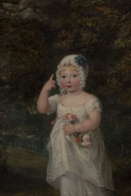 painting of a young girl in a white dress holding a bouquet of flowers