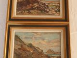two framed paintings of a beach scene with rocks and a body of water