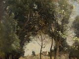 an image of a painting of cows grazing in a wooded area