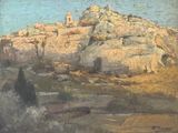 une image représentant un tableau représentant un paysage de montagne avec une personne à cheval