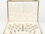 six silver spoons in a case with a white background