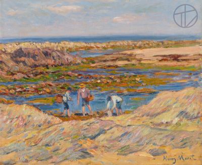 painting of a group of people standing on a beach next to a body of water