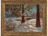 a painting of a snowy scene with trees and a pond