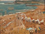 a painting of a beach scene with people on the sand