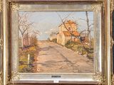 an oil painting of a country road with a house in the background