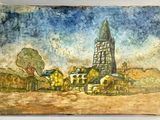 une photo d'un tableau représentant une ville accroché au mur