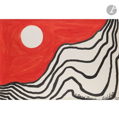 une image représentant un tableau d'une montagne avec un soleil rouge en arrière-plan