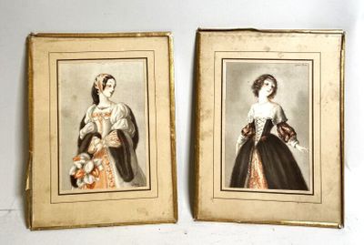 two framed pictures of a woman in a black dress and a woman in a white dress