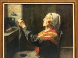 une image représentant un tableau d'une vieille femme tenant un verre