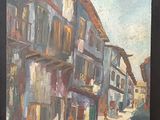 an oil painting of a street scene with buildings in the background