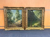 pair of oil paintings of a forest scene