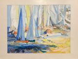 un tableau représentant des voiliers sur l'eau, près du rivage